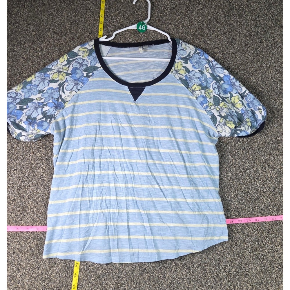 Cato Mixed Print Top Womens 18/20W Blue Floral Stripe Raglan Sleeve Tee